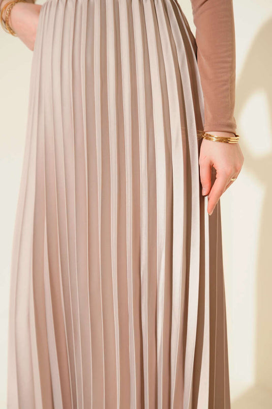 Saten Görünümlü Pileli Etek Bej