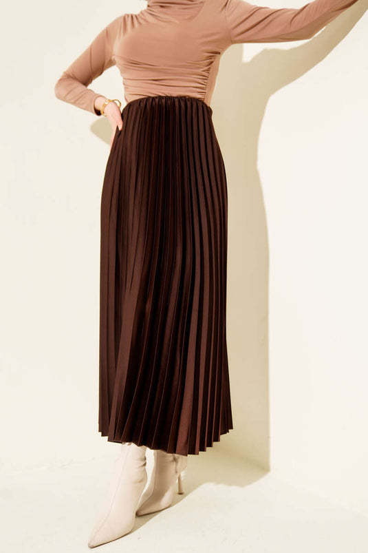 Saten Görünümlü Pileli Etek Kahve