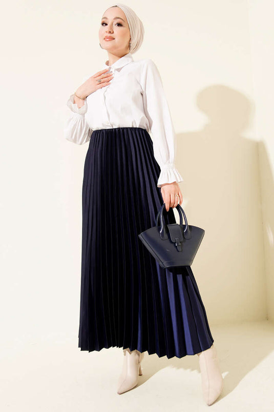 Saten Görünümlü Pileli Etek Lacivert