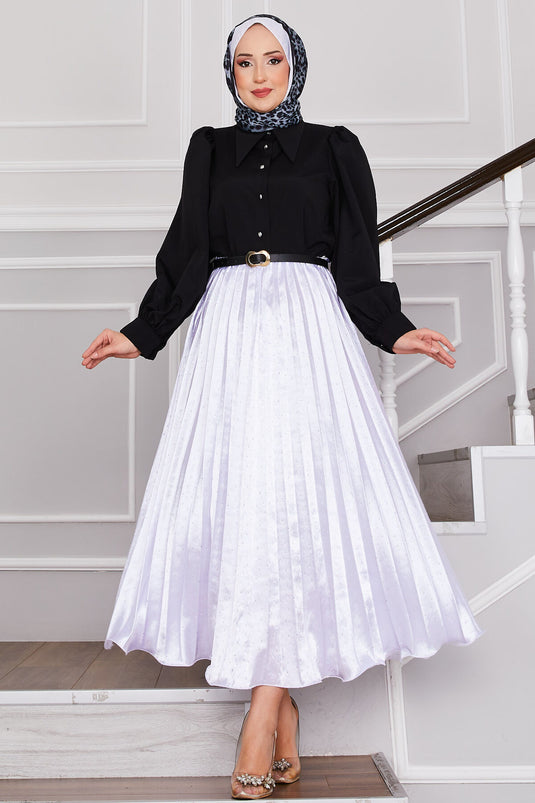 Satin Spread Stone-Embellished Pleated Skirt White