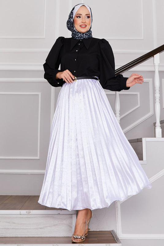 Satin Spread Stone-Embellished Pleated Skirt White