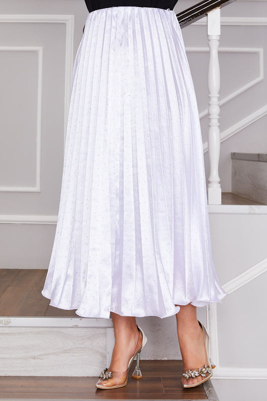 Satin Spread Stone-Embellished Pleated Skirt White