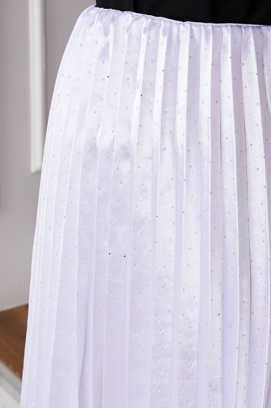 Satin Spread Stone-Embellished Pleated Skirt White