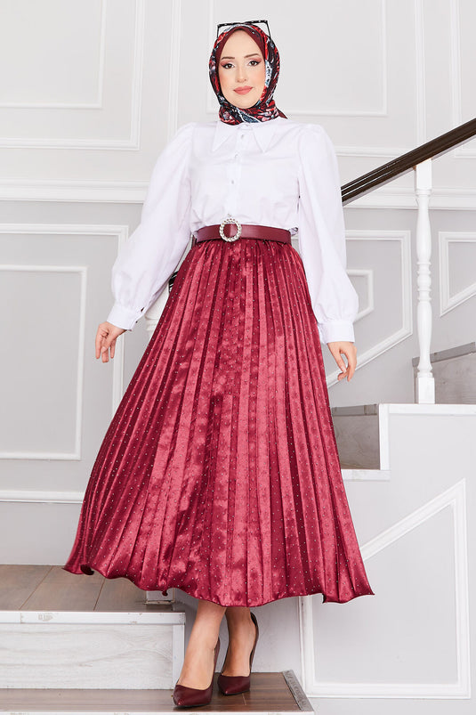 Satin Spread Stone-Embellished Pleated Skirt Burgundy