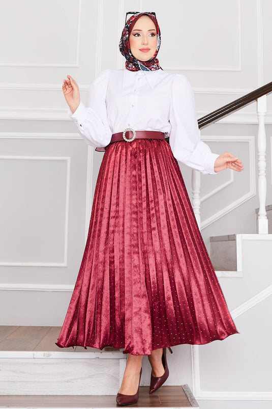 Satin Spread Stone-Embellished Pleated Skirt Burgundy