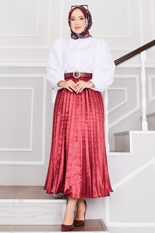 Satin Spread Stone-Embellished Pleated Skirt Burgundy