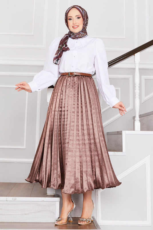 Satin Spread Stone-Embellished Pleated Skirt Brown