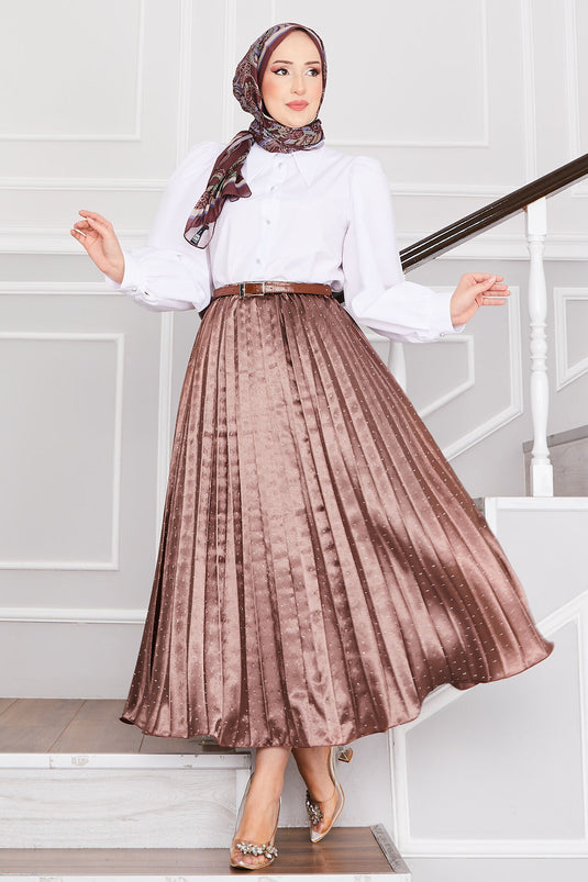 Satin Spread Stone-Embellished Pleated Skirt Brown