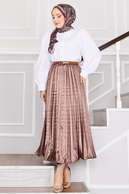 Satin Spread Stone-Embellished Pleated Skirt Brown