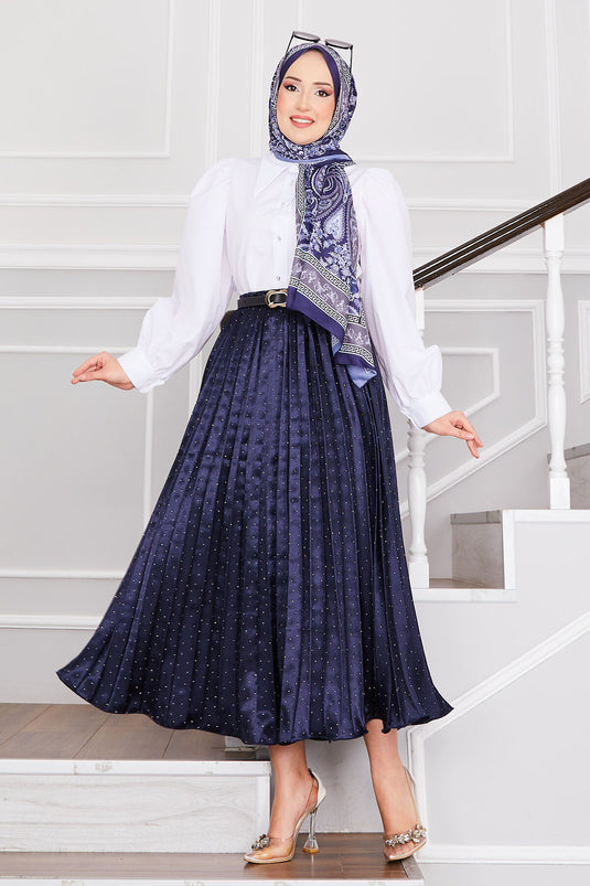 Satin Spread Stone-Embellished Pleated Skirt Navy Blue