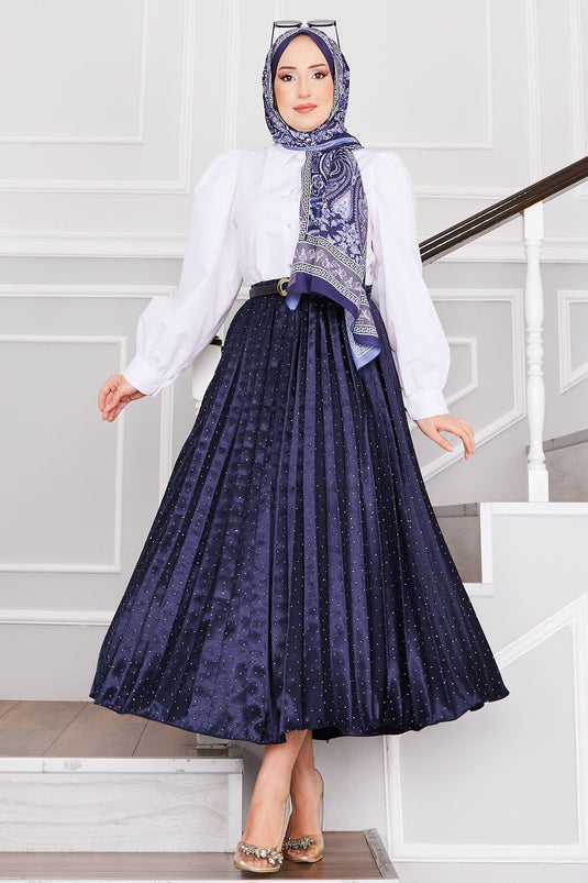 Satin Spread Stone-Embellished Pleated Skirt Navy Blue