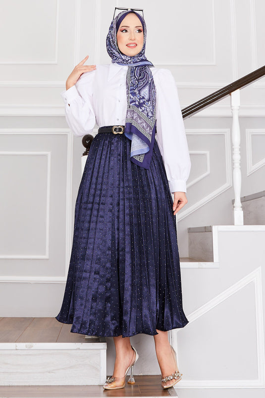 Satin Spread Stone-Embellished Pleated Skirt Navy Blue