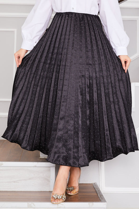 Satin Spread Stone Pleated Skirt Black