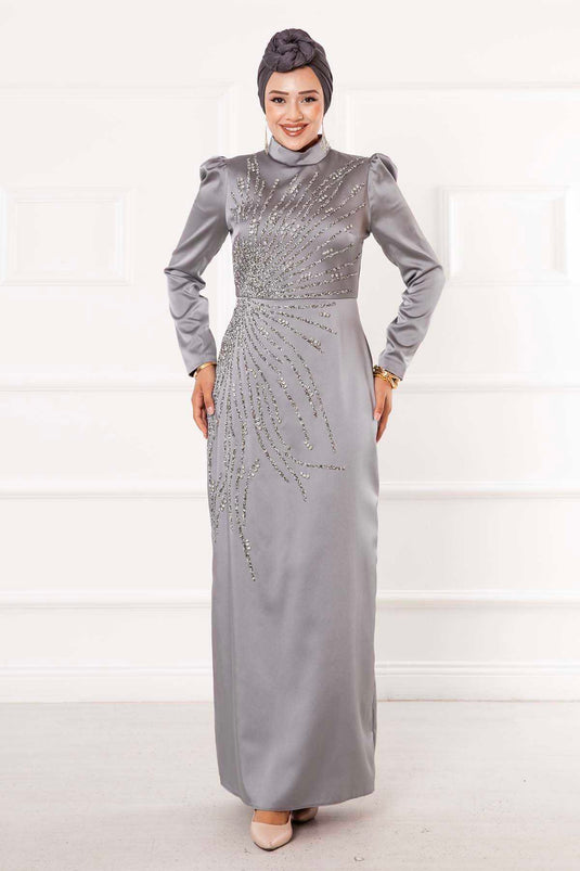 Satin Stone Design Hijab Evening Dress Gray