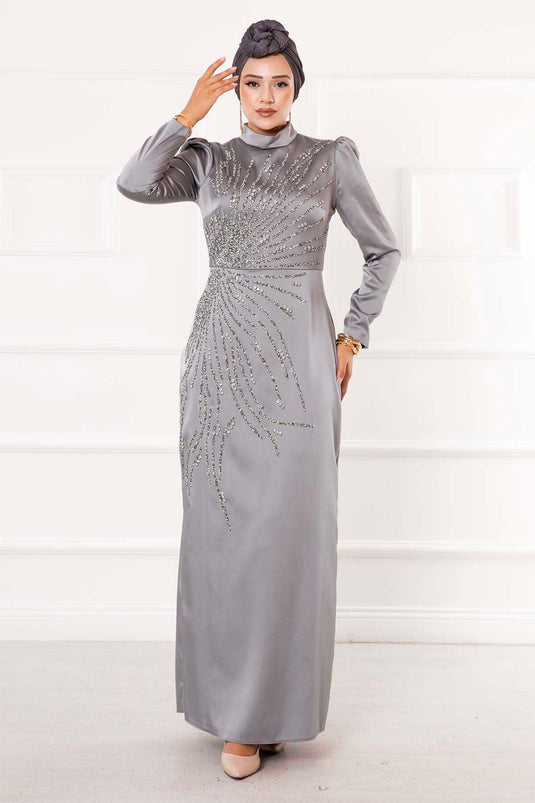 Satin Stone Design Hijab Evening Dress Gray