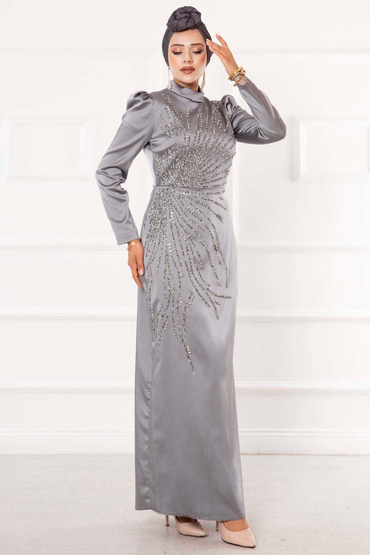 Satin Stone Design Hijab Evening Dress Gray