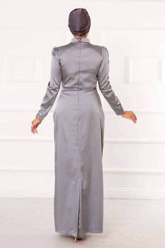 Satin Stone Design Hijab Evening Dress Gray