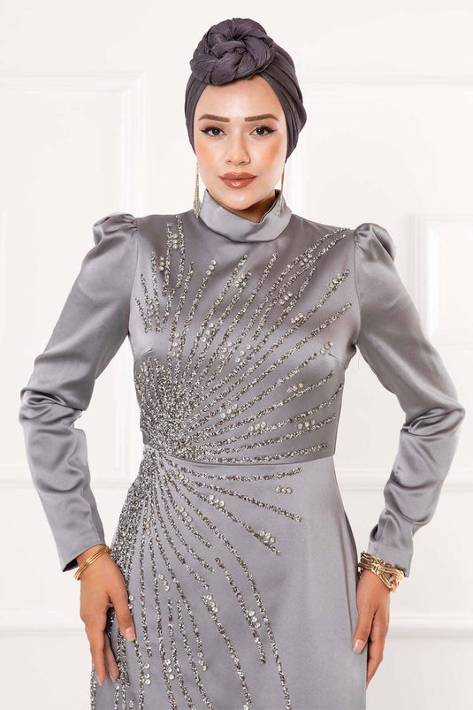 Satin Stone Design Hijab Evening Dress Gray