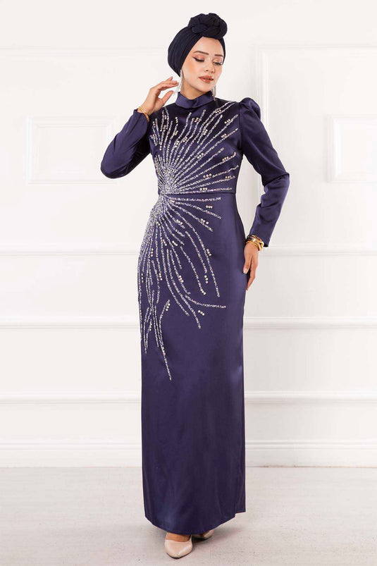 Satin Stone Design Hijab Evening Dress Navy Blue