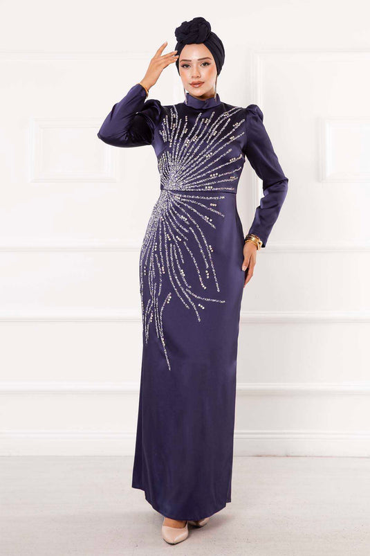 Satin Stone Design Hijab Evening Dress Navy Blue