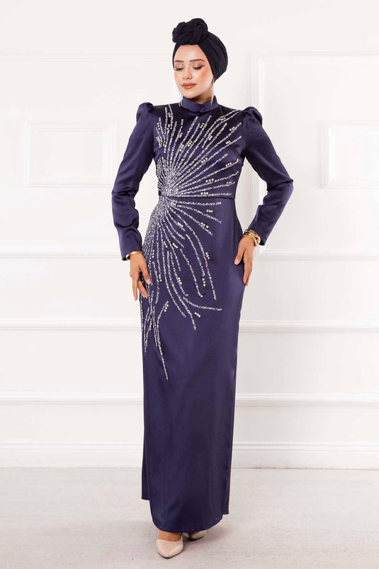 Satin Stone Design Hijab Evening Dress Navy Blue