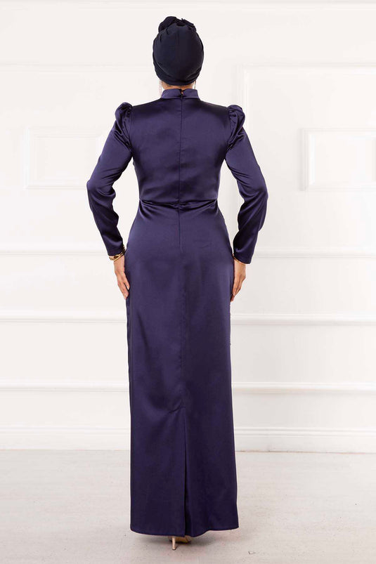 Satin Stone Design Hijab Evening Dress Navy Blue