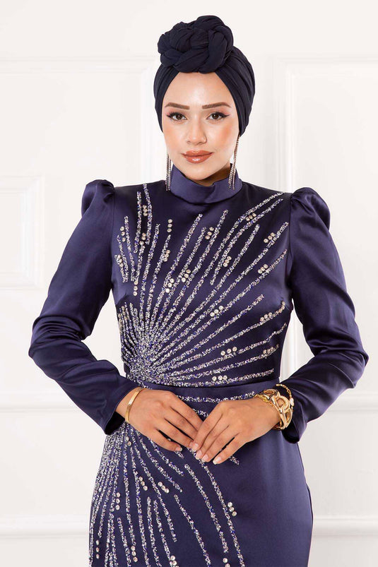 Satin Stone Design Hijab Evening Dress Navy Blue