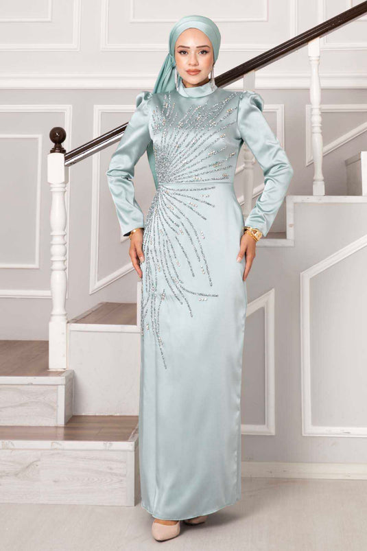 Satin Stone Design Hijab Evening Dress Mint