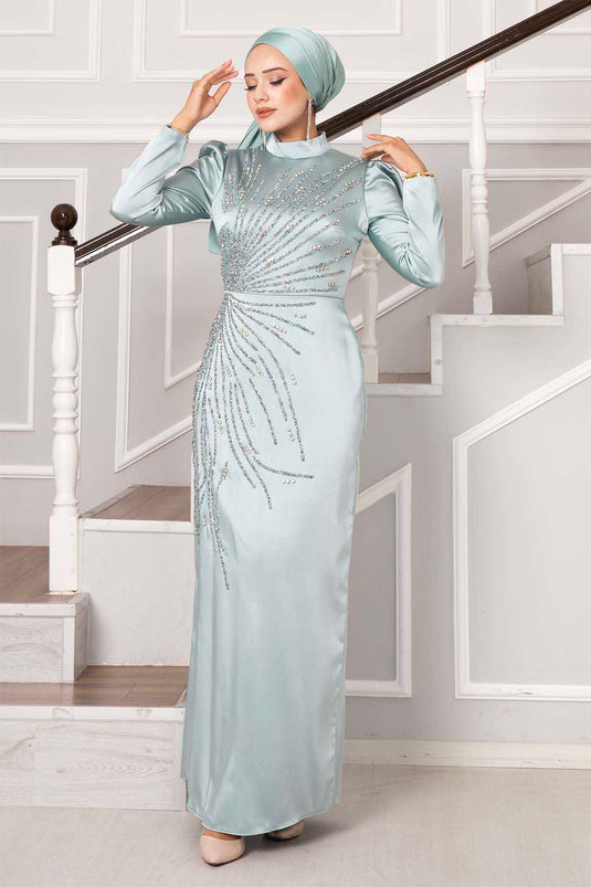 Satin Stone Design Hijab Evening Dress Mint