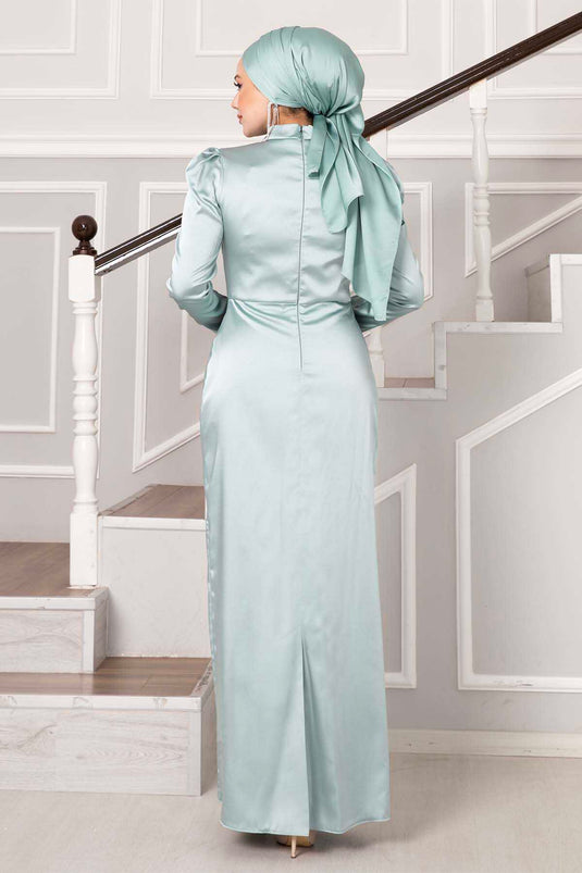 Satin Stone Design Hijab Evening Dress Mint