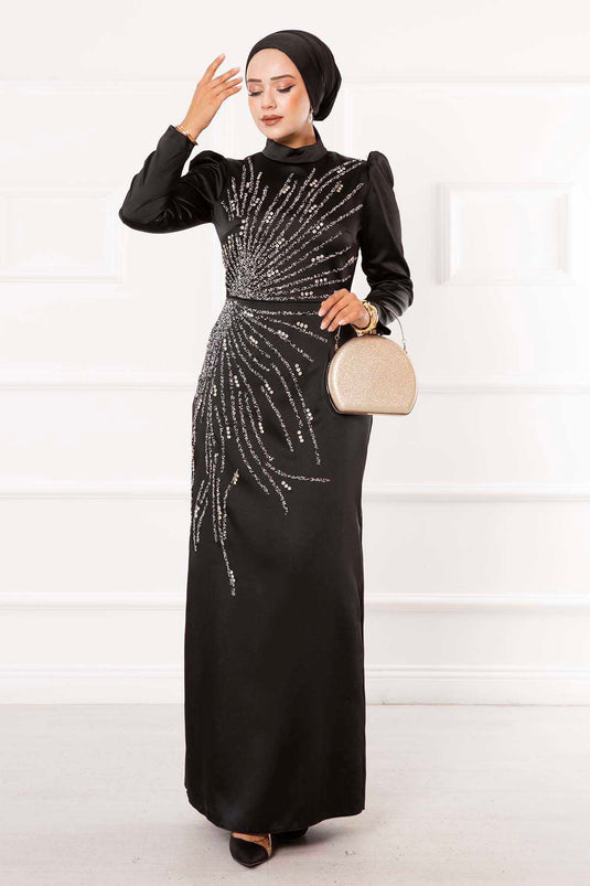 Satin Stone Design Hijab Evening Dress Black