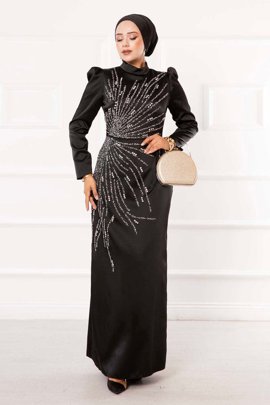 Satin Stone Design Hijab Evening Dress Black