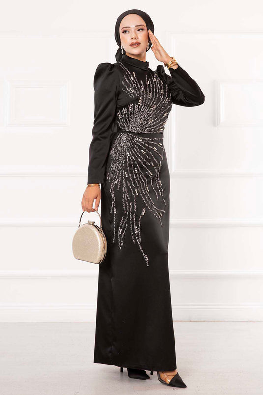 Satin Stone Design Hijab Evening Dress Black