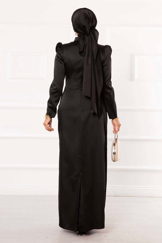 Satin Stone Design Hijab Evening Dress Black