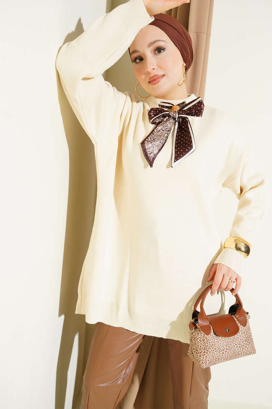 Saten Yaka Fularlı Triko Tunik Bej