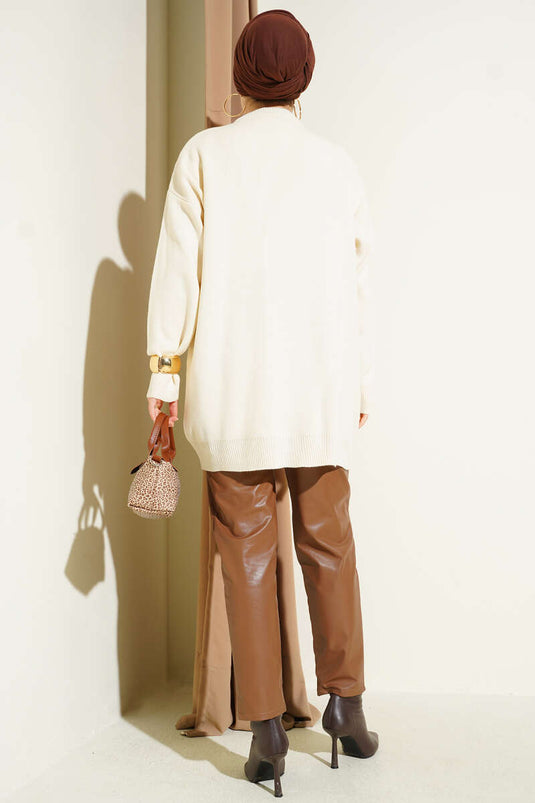 Saten Yaka Fularlı Triko Tunik Bej