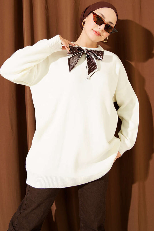 Saten Yaka Fularlı Triko Tunik Ekru