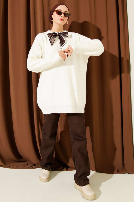 Saten Yaka Fularlı Triko Tunik Ekru