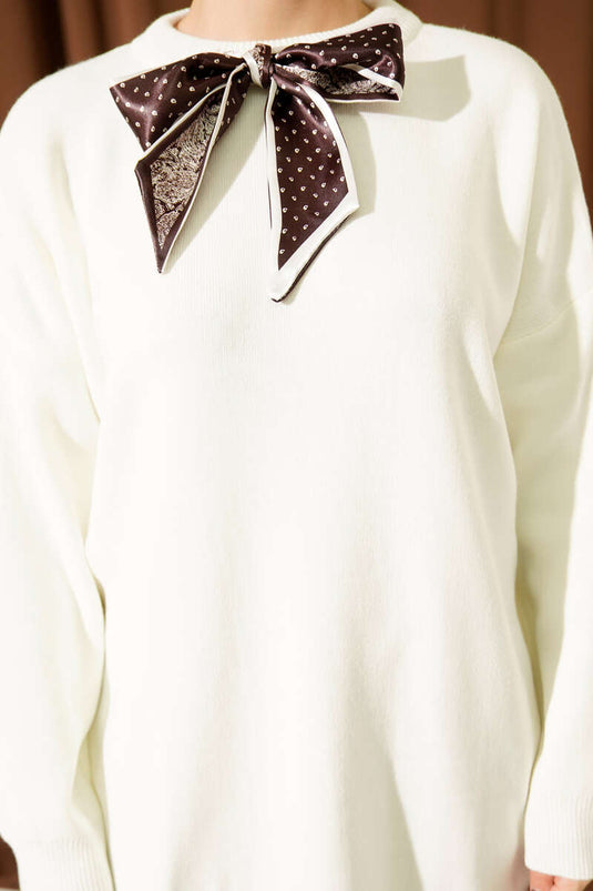 Saten Yaka Fularlı Triko Tunik Ekru