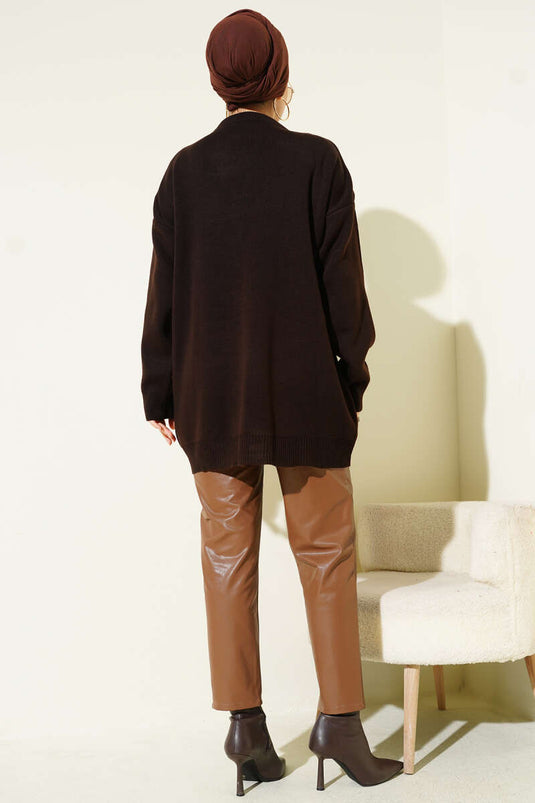 Saten Yaka Fularlı Triko Tunik Kahve