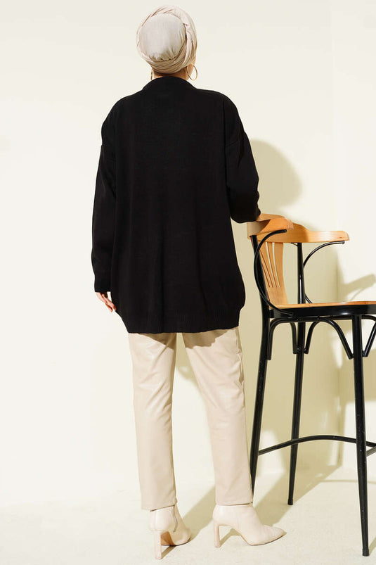 Saten Yaka Fularlı Triko Tunik Siyah