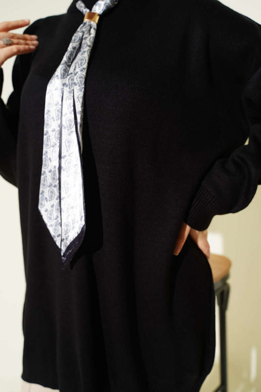 Saten Yaka Fularlı Triko Tunik Siyah