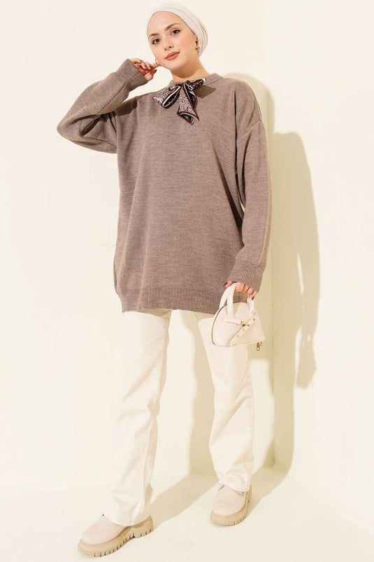 Saten Yaka Fularlı Triko Tunik Vizon