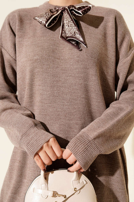 Saten Yaka Fularlı Triko Tunik Vizon