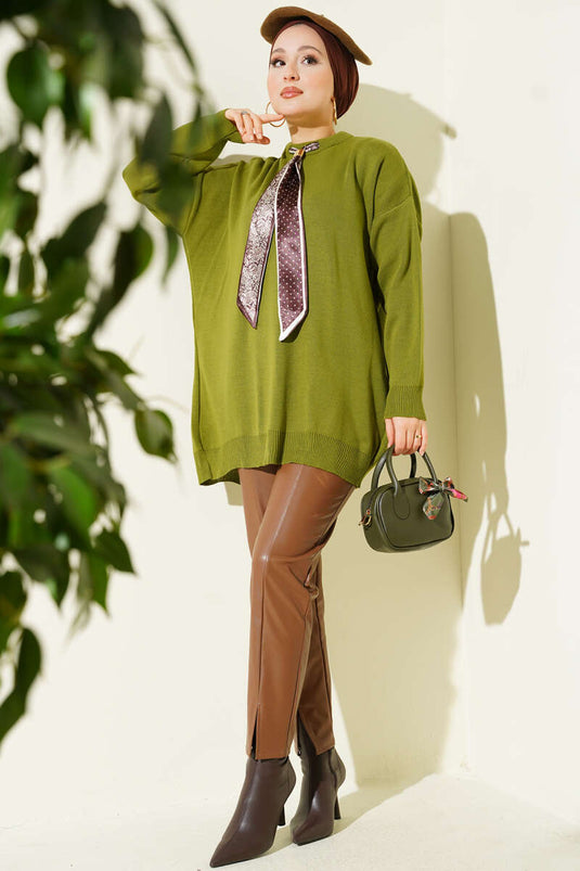 Saten Yaka Fularlı Triko Tunik Yeşil