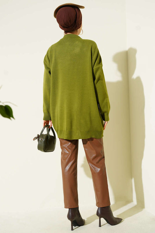 Saten Yaka Fularlı Triko Tunik Yeşil