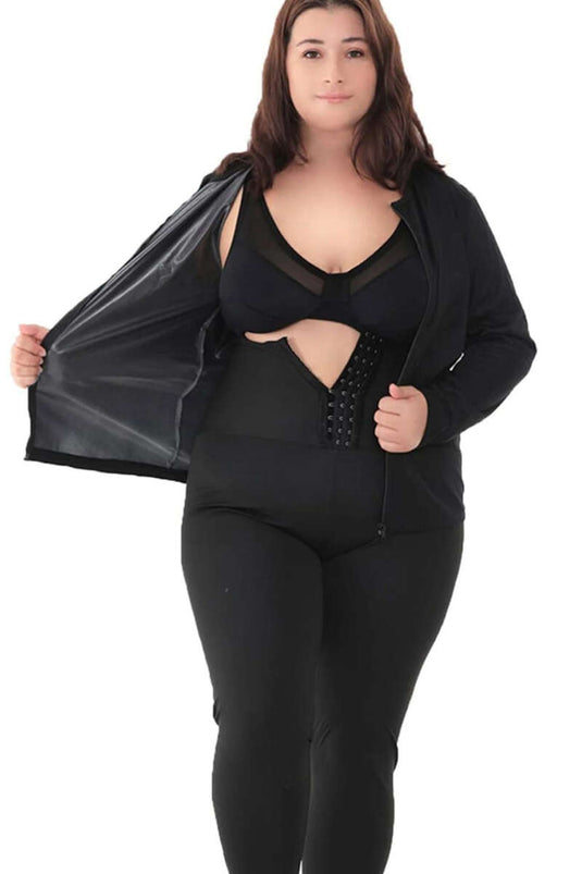 Ensemble deux pièces noir à manches longues et fermeture à crochet pour sauna, grande taille.