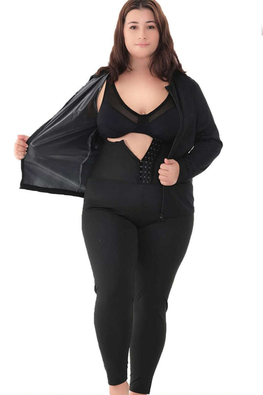 Ensemble deux pièces noir à manches longues et fermeture à crochet pour sauna, grande taille.