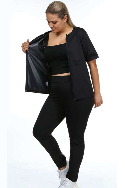 Combinaison sauna noire à manches courtes et fermeture éclair, grande taille