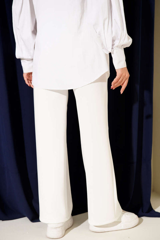 Scuba Çımalı Bol Paçalı Pantolon Beyaz